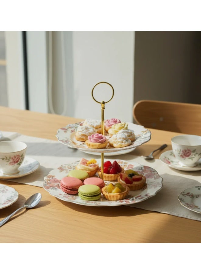AKDC Luhpar White Ceramic 2 Tier Cake Stand 7.5 / 10.5 Inch with Floral Design - Image 2
